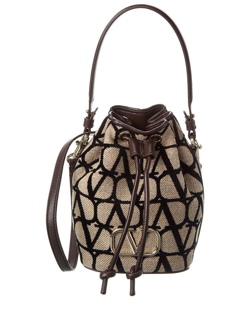 VALENTINO GARAVANI Vlogo Mini Toile Iconographe Canvas & Leather Bucket Bag In Brown Product Image