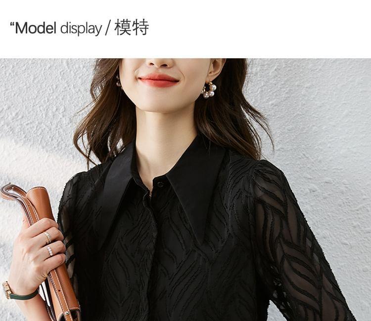 Long Sleeve Lapel Collared Lace Button Up Blouse Product Image