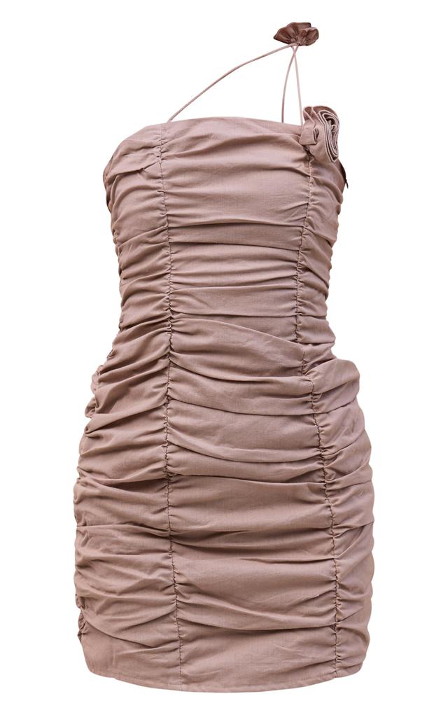 Taupe Ruched Floral Strap Linen Look Bodycon Dress Product Image