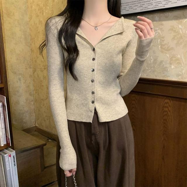 Split Neck Plain Button-Up Crop Cardigan Product Image