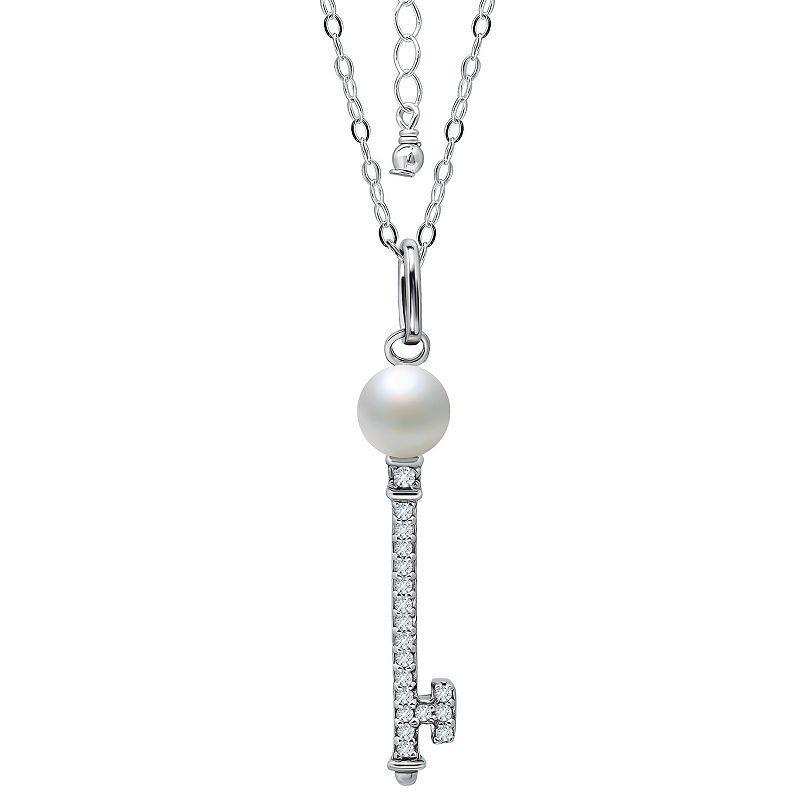 Aleure Precioso Sterling Silver Cubic Zirconia Key Pendant with Freshwater Cultured Pearl Top, Womens Product Image