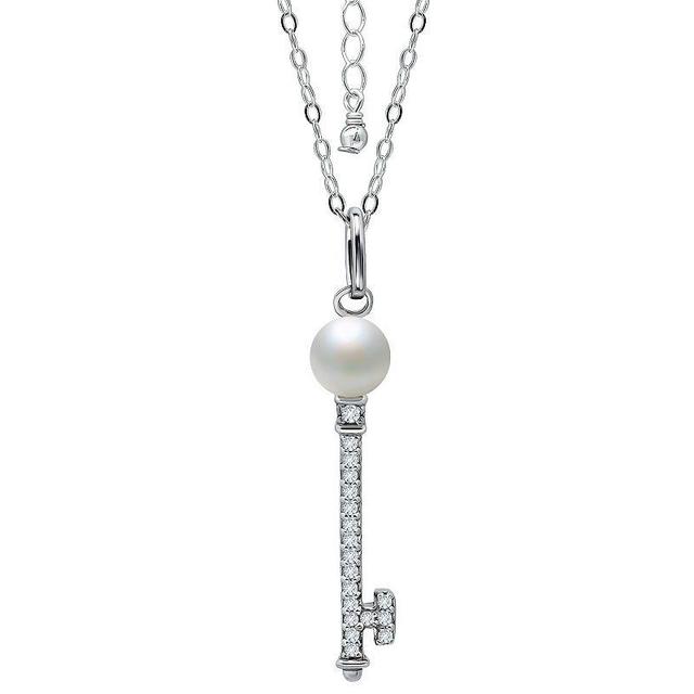 Aleure Precioso Sterling Silver Cubic Zirconia Key Pendant with Freshwater Cultured Pearl Top, Womens Silver Tone Product Image