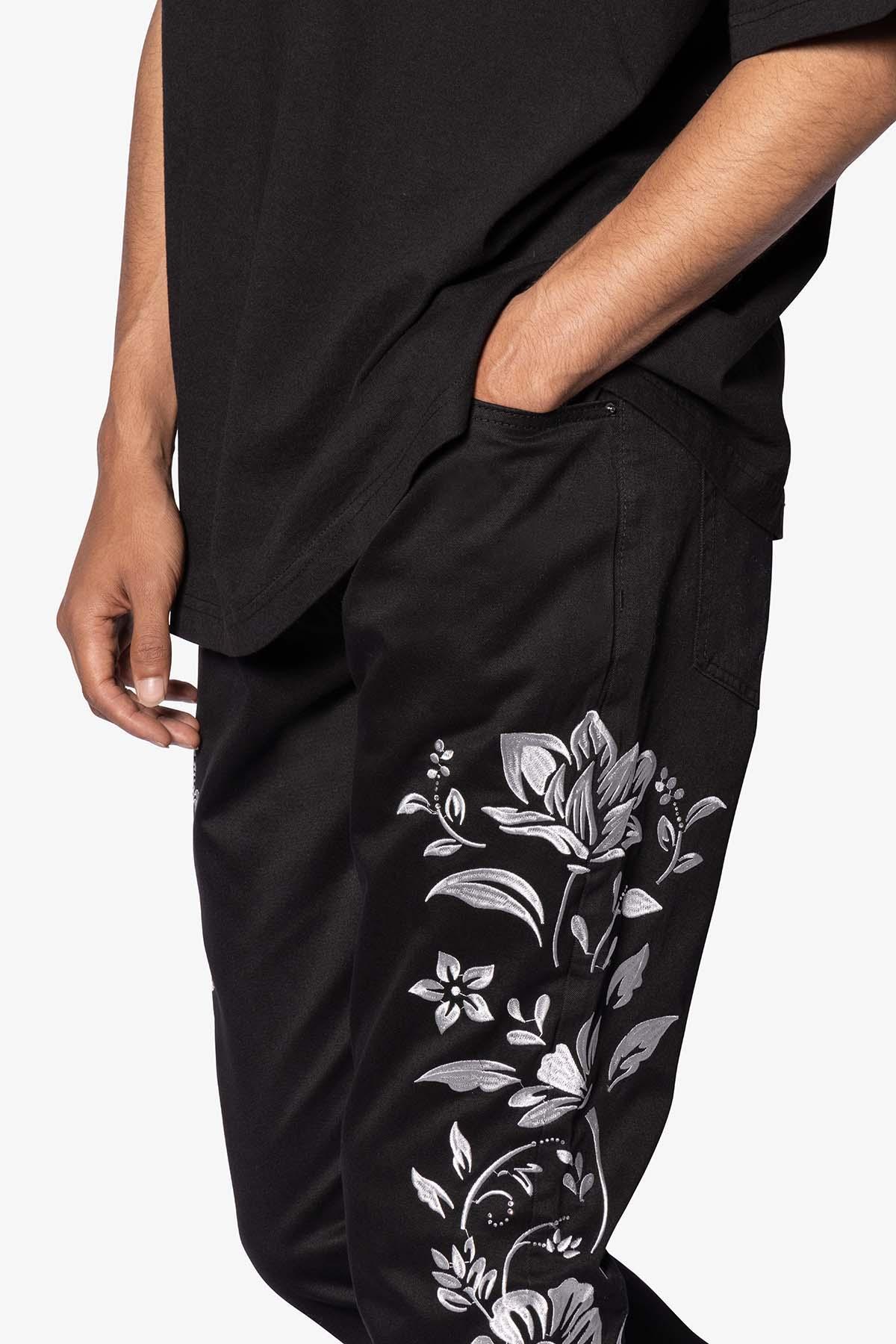 B690 Floral Embroidery Flare Denim - Black Product Image