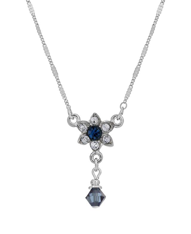 1928 Silver Tone Blue & Clear Crystal Flower Drop Necklace, Womens Product Image