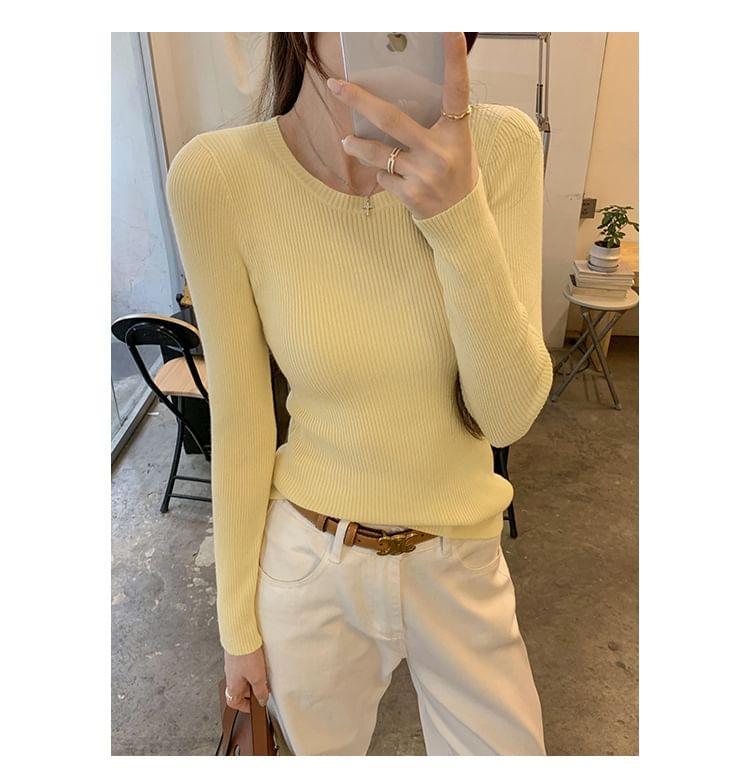 Long Sleeve Round Neck Plain Ribbed Knit Top Product Image