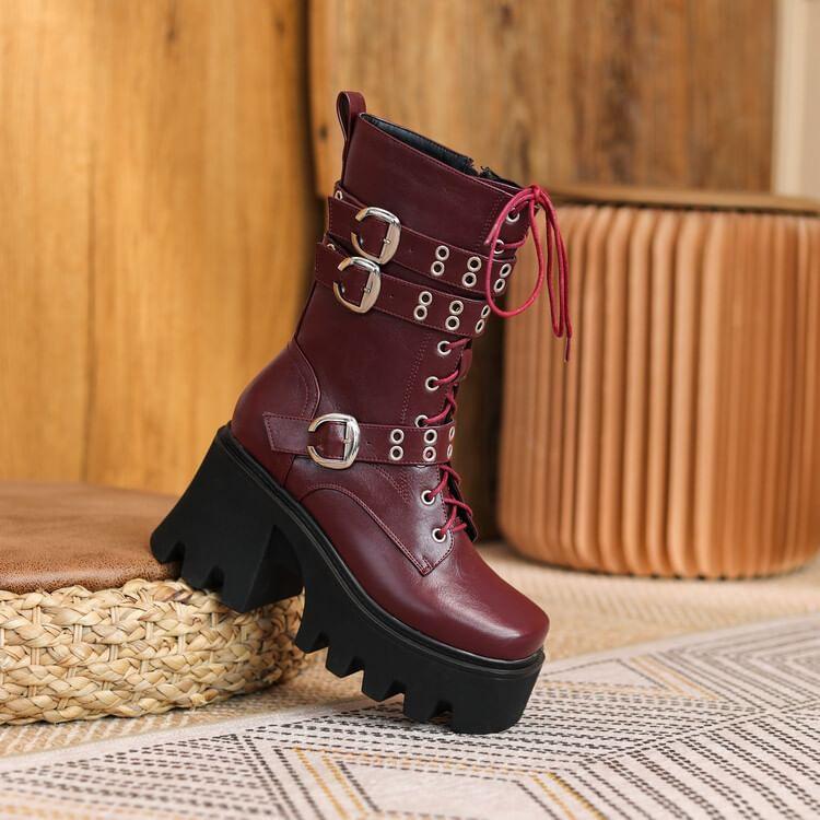 Platform Block Heel Lace-Up Mid Calf Boots Product Image