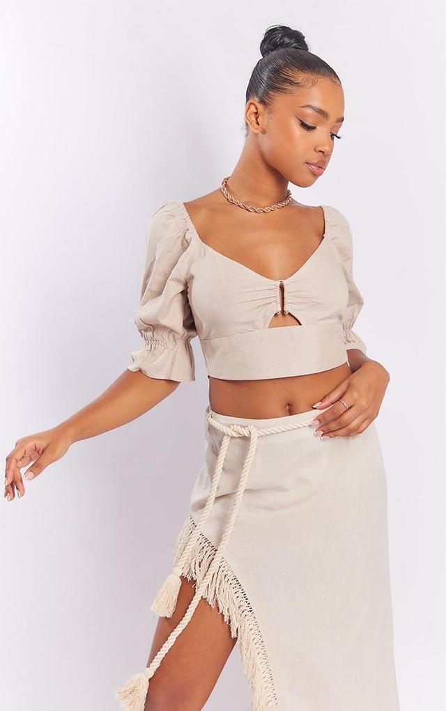 Stone Linen Look Bar Detail Puff Sleeve Crop Top Product Image