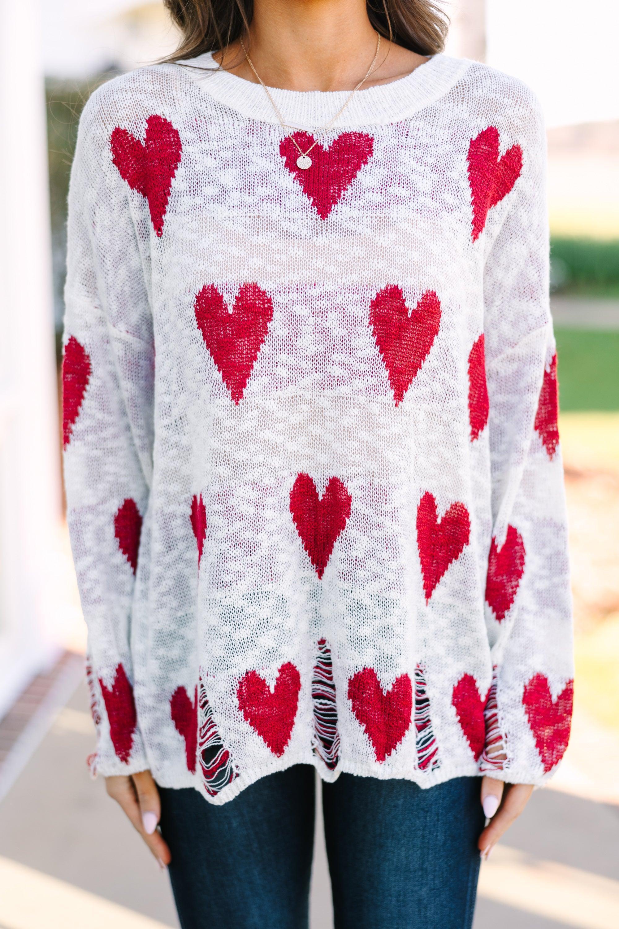 Feeling Like A Queen Ivory White Heart Print Sweater Female Product Image