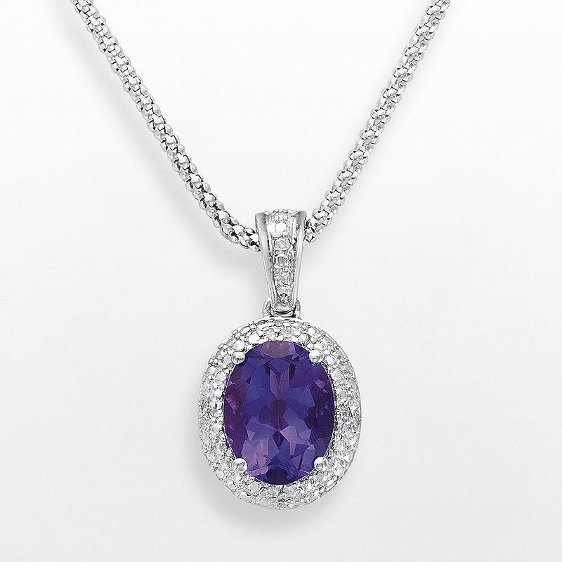 Sterling Silver Amethyst and Diamond Accent Oval Frame Pendant, Womens Purple Product Image