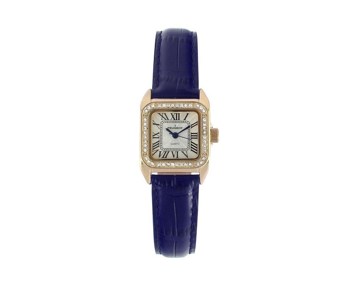 Peugeot Womens 34x24mm Tank Watch with Crystal Bezel Blue Leather Strap - Blue Product Image