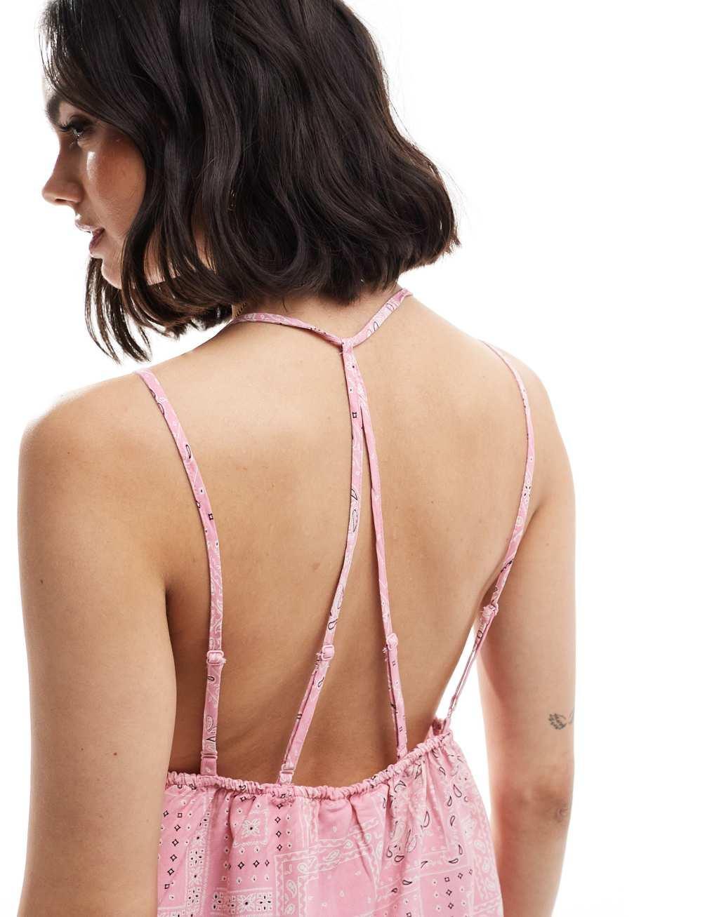 ONLY strappy top with bandana print in light pink  Product Image