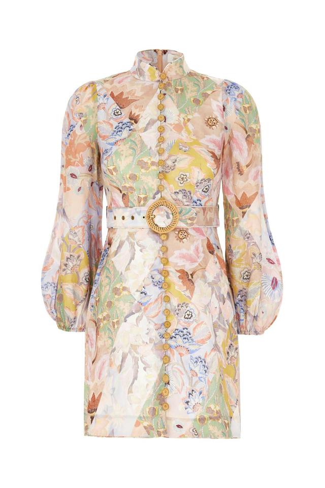 ZIMMERMANN Womensfloral Diamond Mandarin Collar Belted Linen Mini Dress In Multicolor Product Image