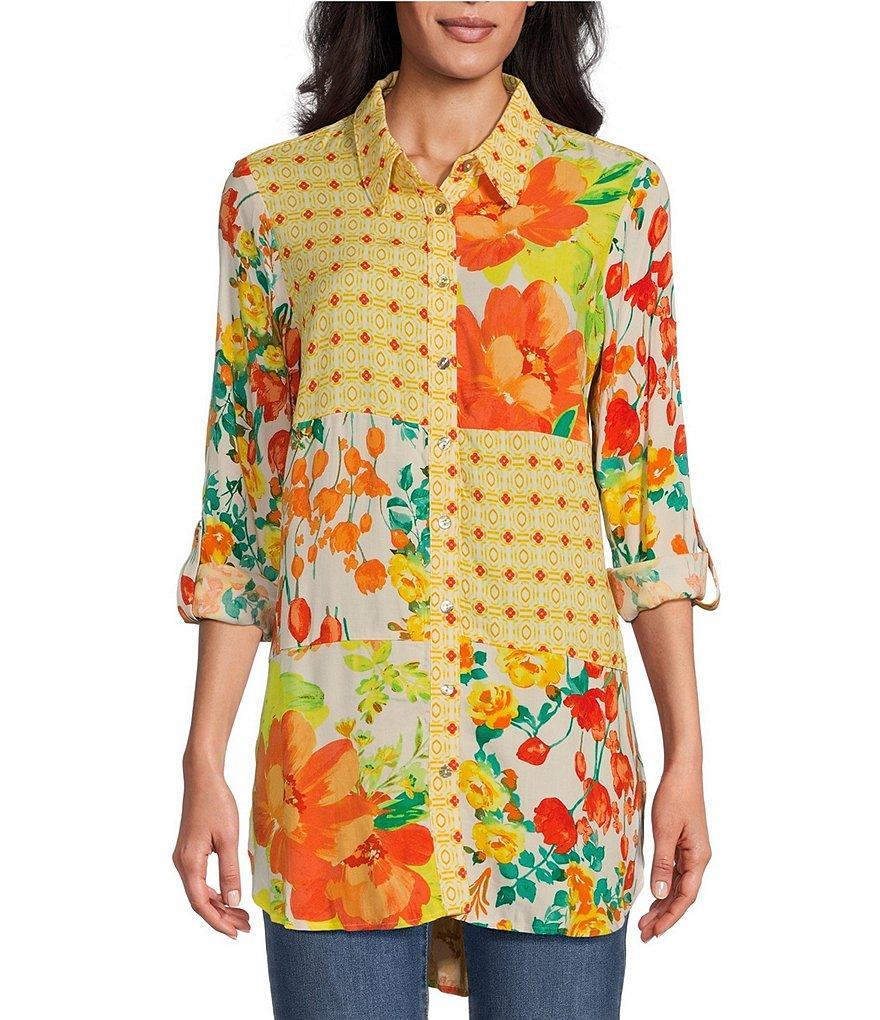 Figueroa & Flower River Patchwork Print Roll-Tab Sleeve Button-Down Mixed Media Blouse Product Image