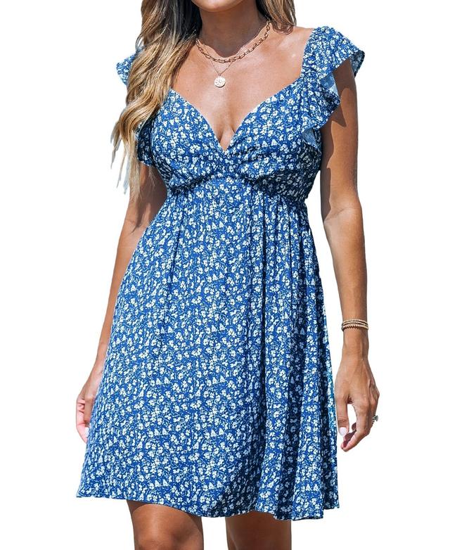 Cupshe Womens Blue Ditsy Tie Back Mini Beach Dress Product Image