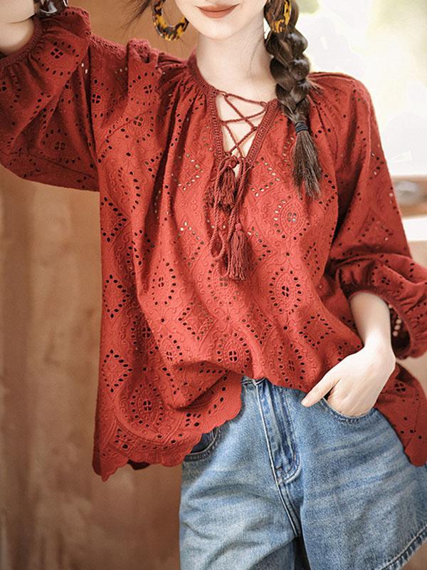 Long Sleeves Loose Hollow Pleated Solid Color Split-Joint Tied V-Neck Blouses&Shirts Tops Product Image