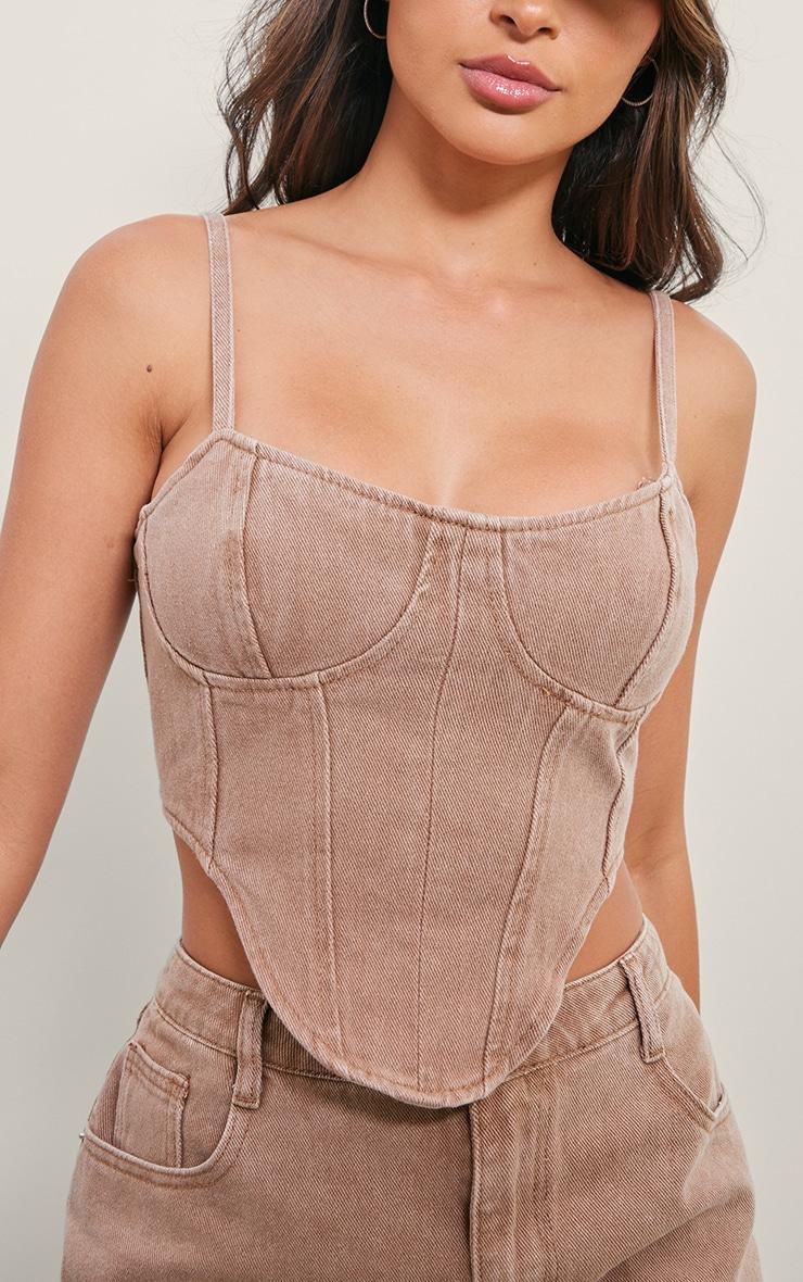 Washed Taupe Dipped Hem Denim Corset Top Product Image