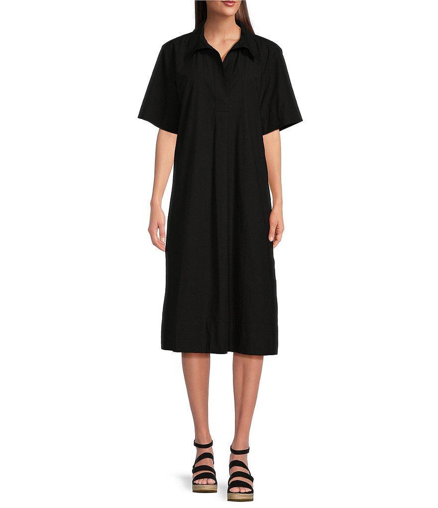 Eileen Fisher Washed Organic Cotton Poplin Point Collar Elbow Sleeve Midi Shirt Dress Product Image