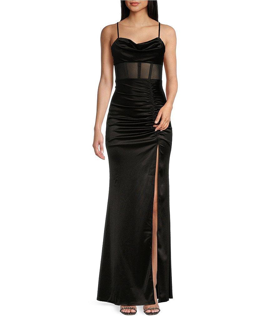 Honey and Rosie Sweetheart Drape Neck Illusion Mesh Corset Front Slit Long Dress Product Image