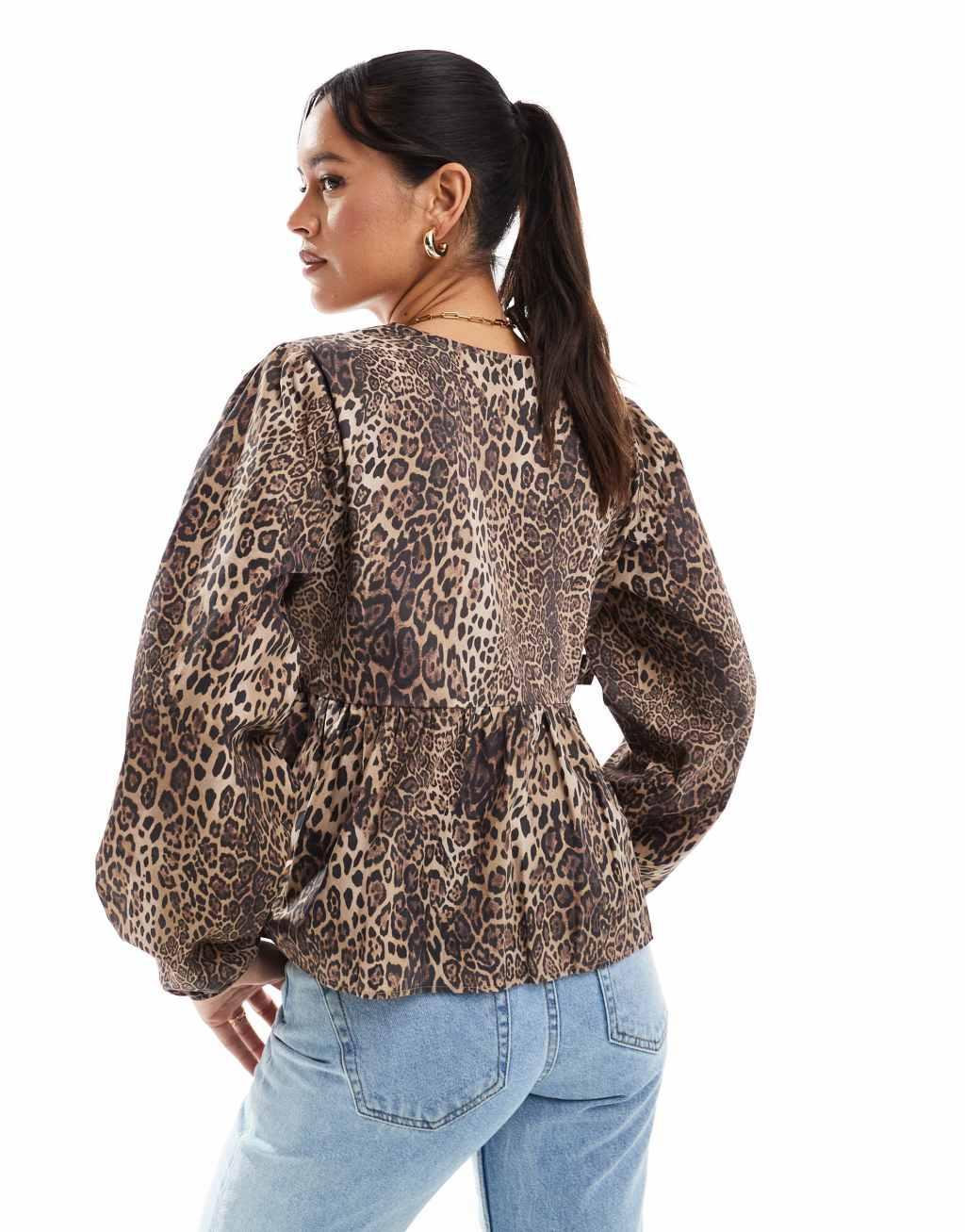 ASOS DESIGN poplin tie side smock blouse in leopard print Product Image