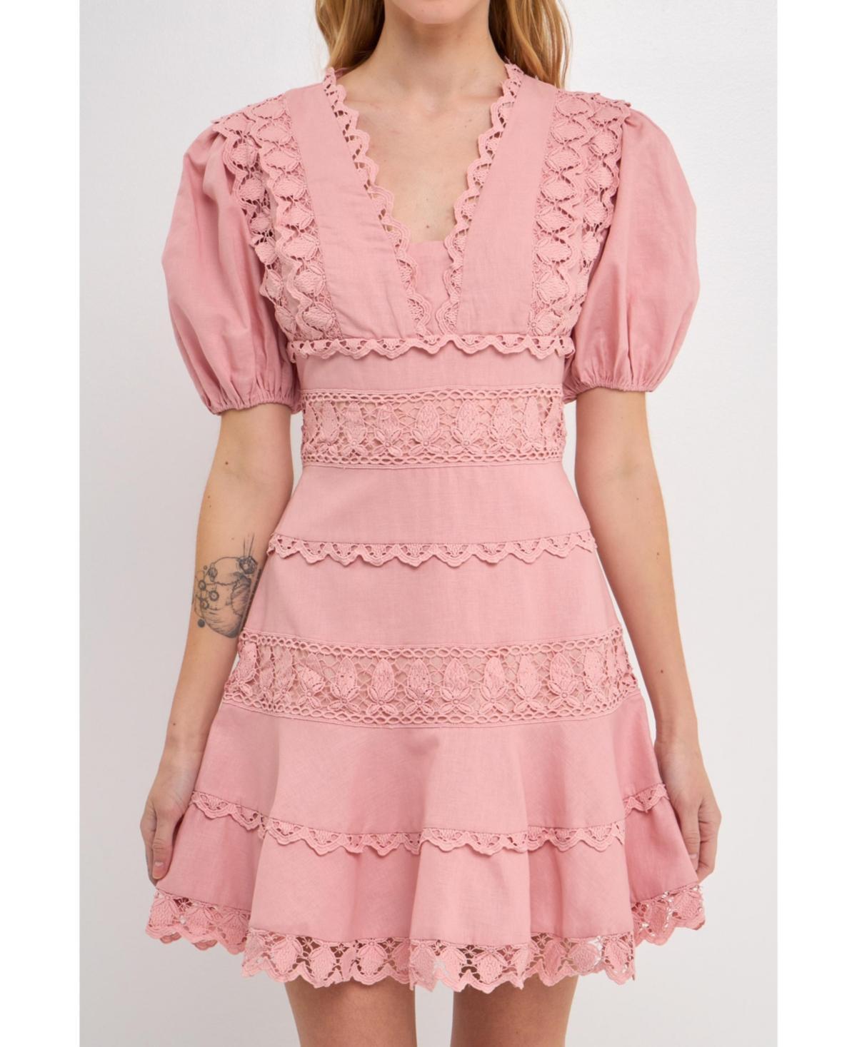 Womens Plunging Lace Trim Dress with Puff Sleeve Product Image