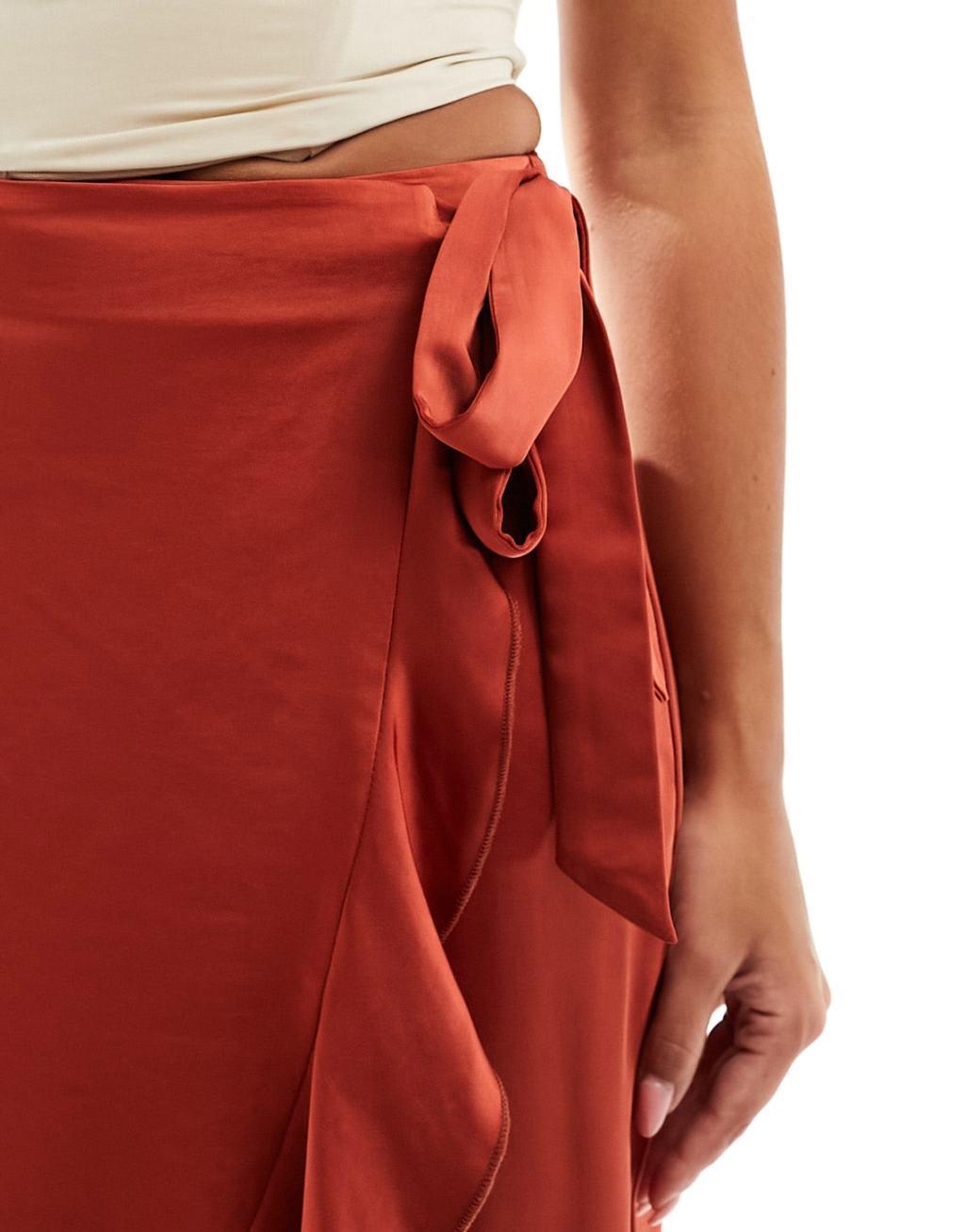 Flounce London satin wrap midaxi skirt in rust Product Image