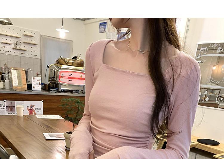 Long-Sleeve Square Neck Plain Lettuce Edge Slim Fit Tee Product Image