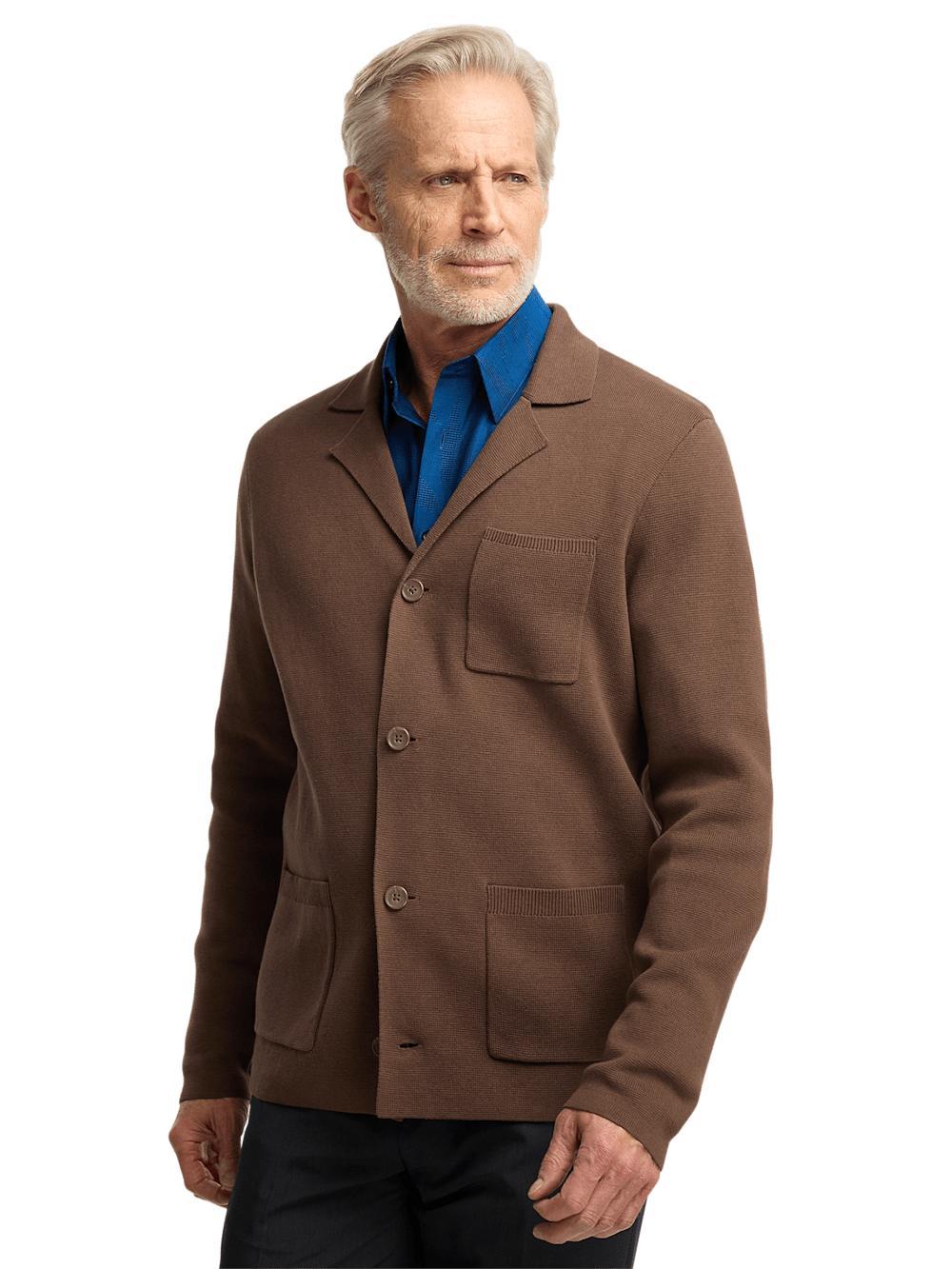 Cotton Notch Lapel Cardigan Sweater - Brown Product Image