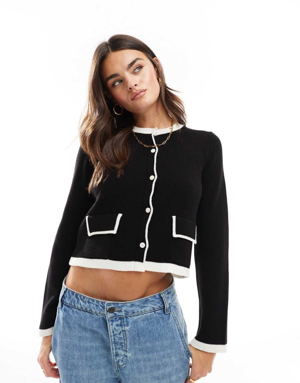 ASOS DESIGN contrast tipping knitted cardigan in black Product Image