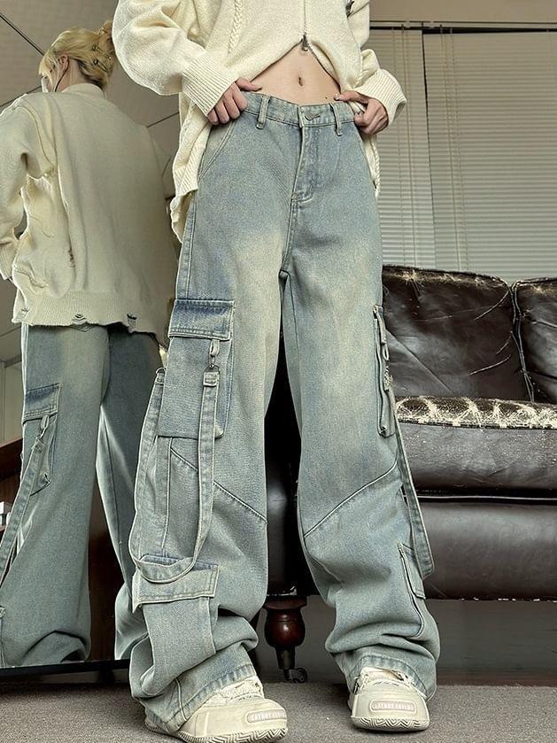 Mid Rise Washed Wide Leg Cargo Jeans / High Rise Straight Leg Jeans Product Image