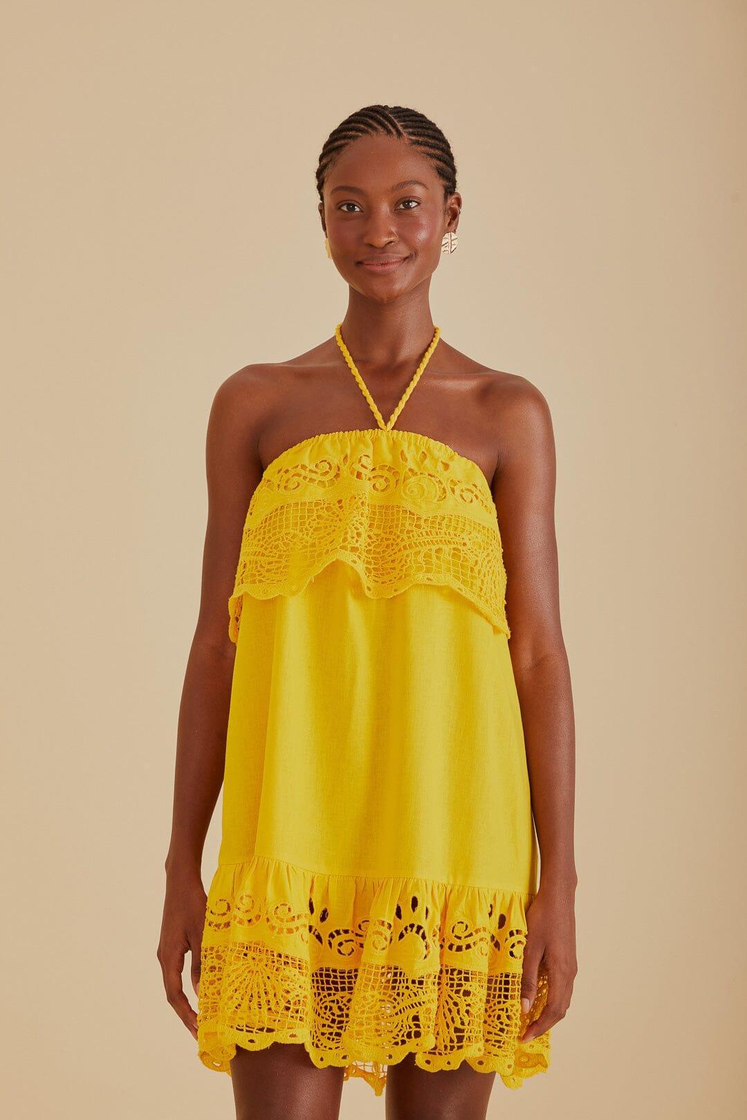 Yellow Embroidered Guipure Euroflax™ Premium Linen Mini Dress Product Image