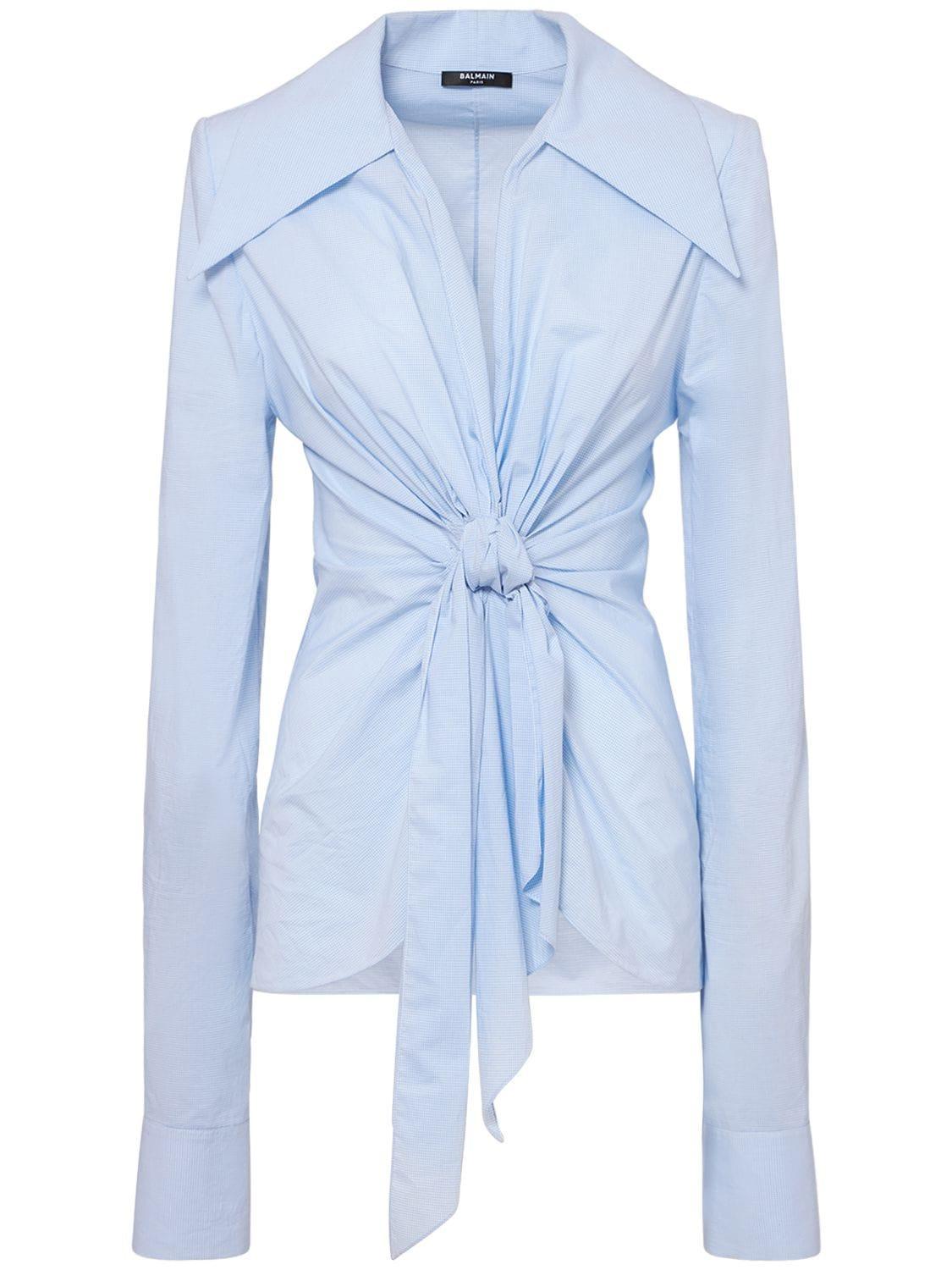 BALMAIN Mini Vichy Poplin Knotted Shirt In Blue Product Image