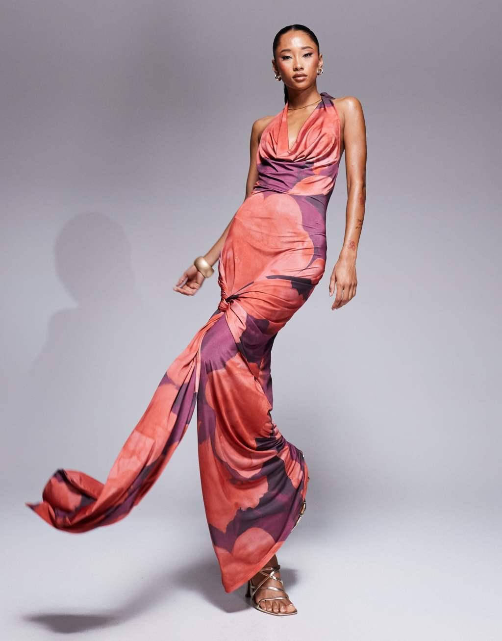 ASOS DESIGN cowl neck maxi dress with waist wrap detail in dark pink floral print Product Image