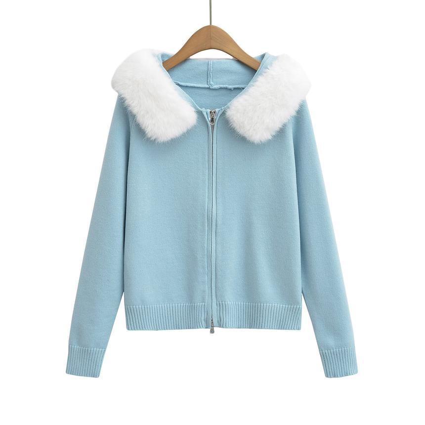 Hood Fluffy Trim Zip Cardigan Product Image