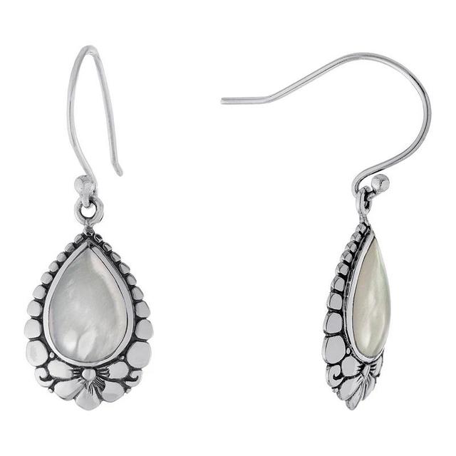 Main and Sterling Oxidized Sterling Silver Mother Of Pearl Flower Teardrop Earrings, Womens, Silver Tone Product Image