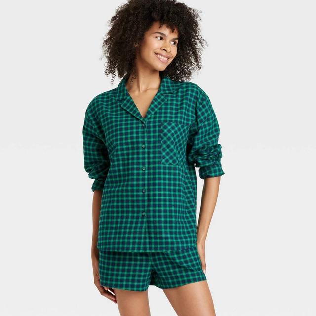 Womens Check Flannel Long Sleeve Top and Shorts Pajama Set - Auden Green XXL Product Image