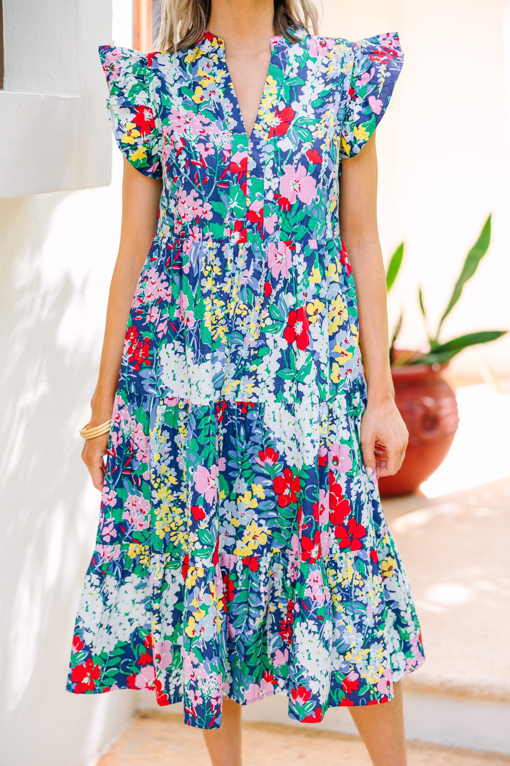 Bright Days Ahead Navy Blue Floral Midi Dress Female Product Image