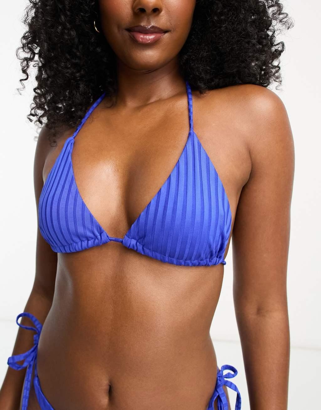 ASOS DESIGN mix and match ribbed triangle bikini top in cobalt blue Product Image