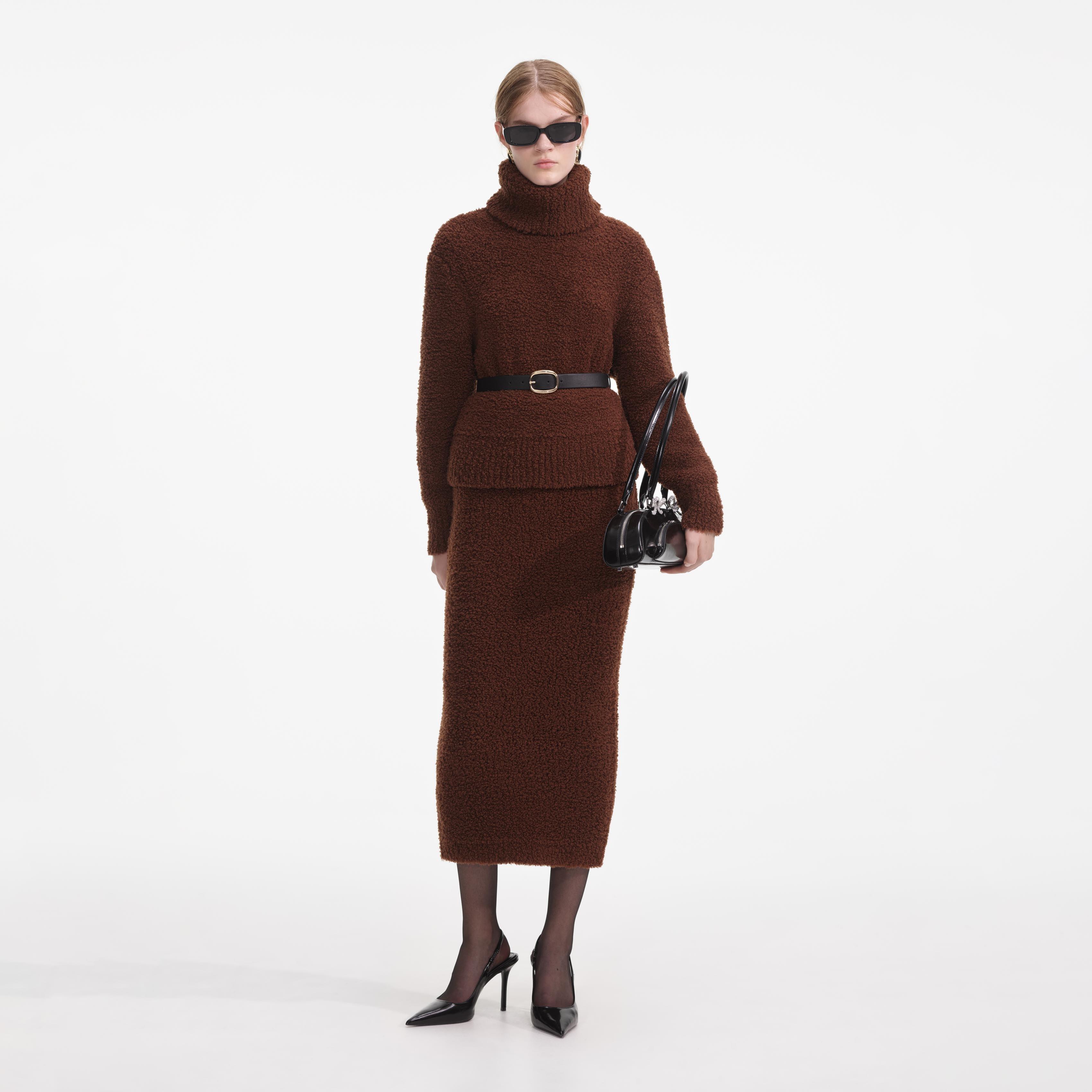 Brown Fluffy Knit Midi Skirt product image