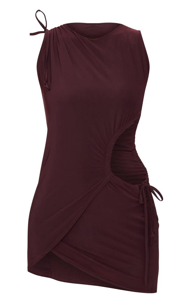 Chocolate Double Layer Slinky Ruched Cut Out Mini Dress Product Image