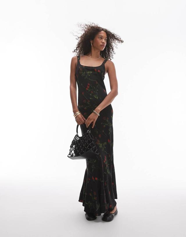 Topshop fluted hem slip midi dress in dark floral Product Image