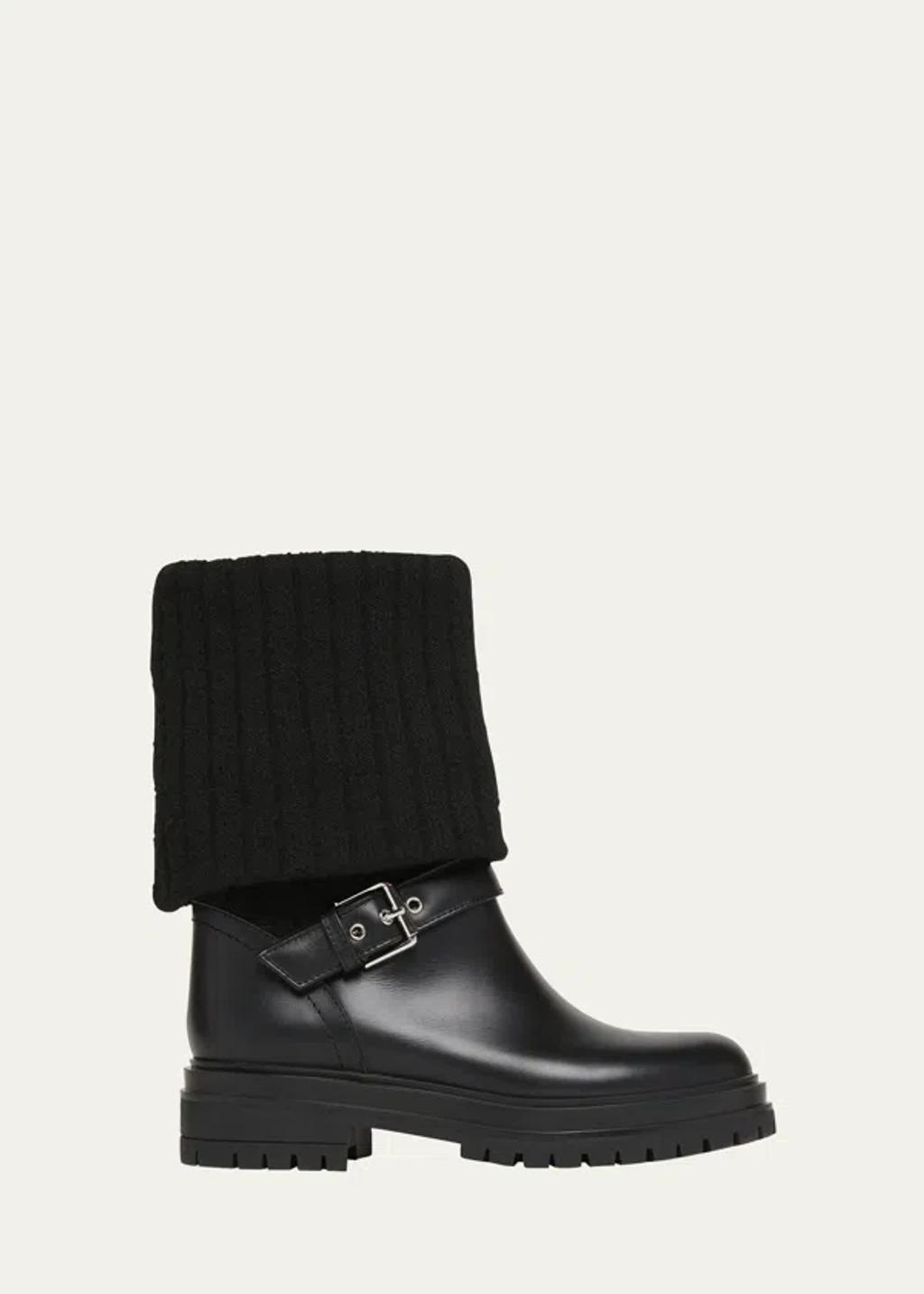 Leather Knit Collar Moto Boots In Black+black Product Image