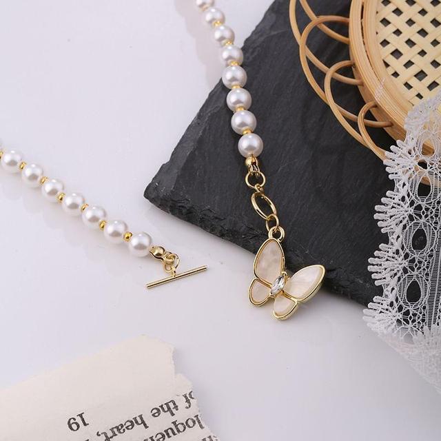 Butterfly Pendant Faux Pearl Necklace Product Image