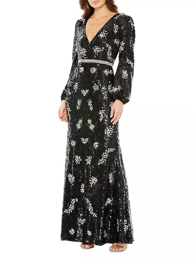 Embellished Wrap Bishop-Sleeve Gown Product Image