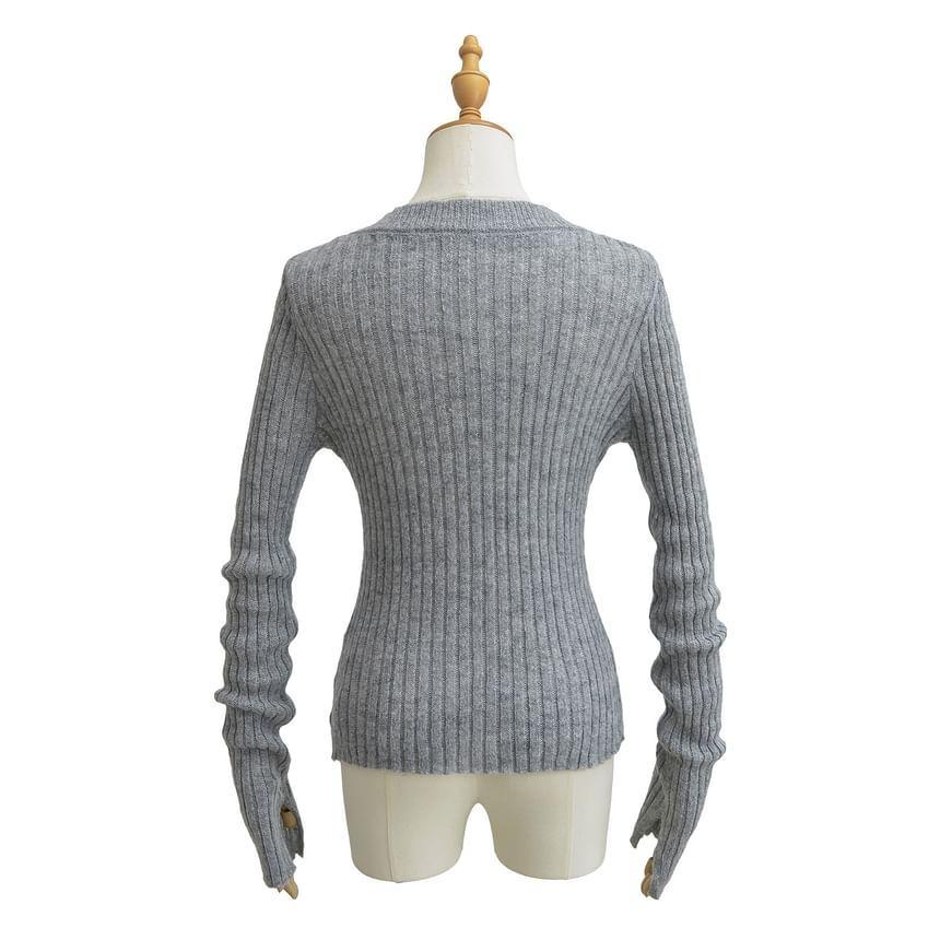 V-Neck Plain Ribbed Knitted Sweater Product Image