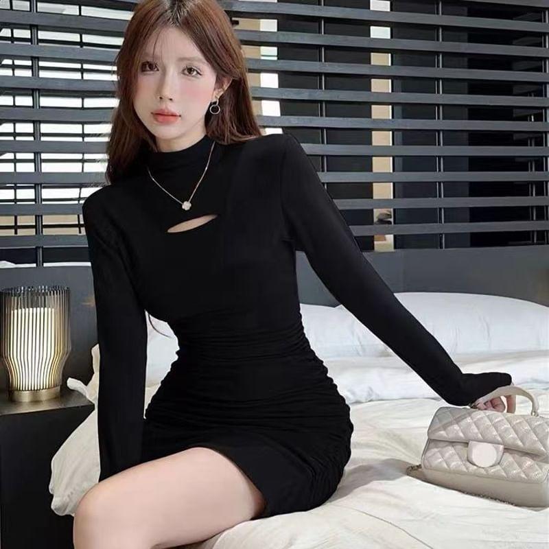 Long-Sleeve Mock Neck Plain Cutout Ruched Mini Sheath Dress Product Image