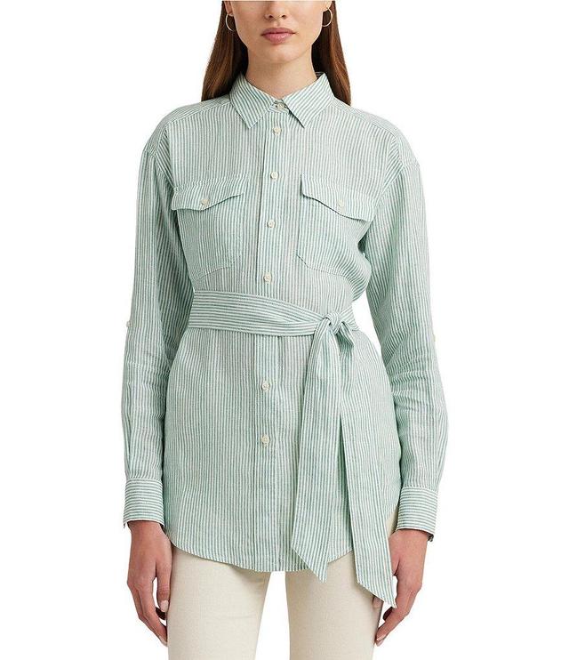 Lauren Ralph Lauren Striped Belted Point Collar Long Sleeve Button Down Shirt Product Image