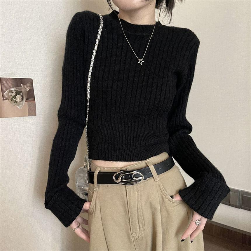 Round Neck Plain Ribbed Cropped Sweater Product Image