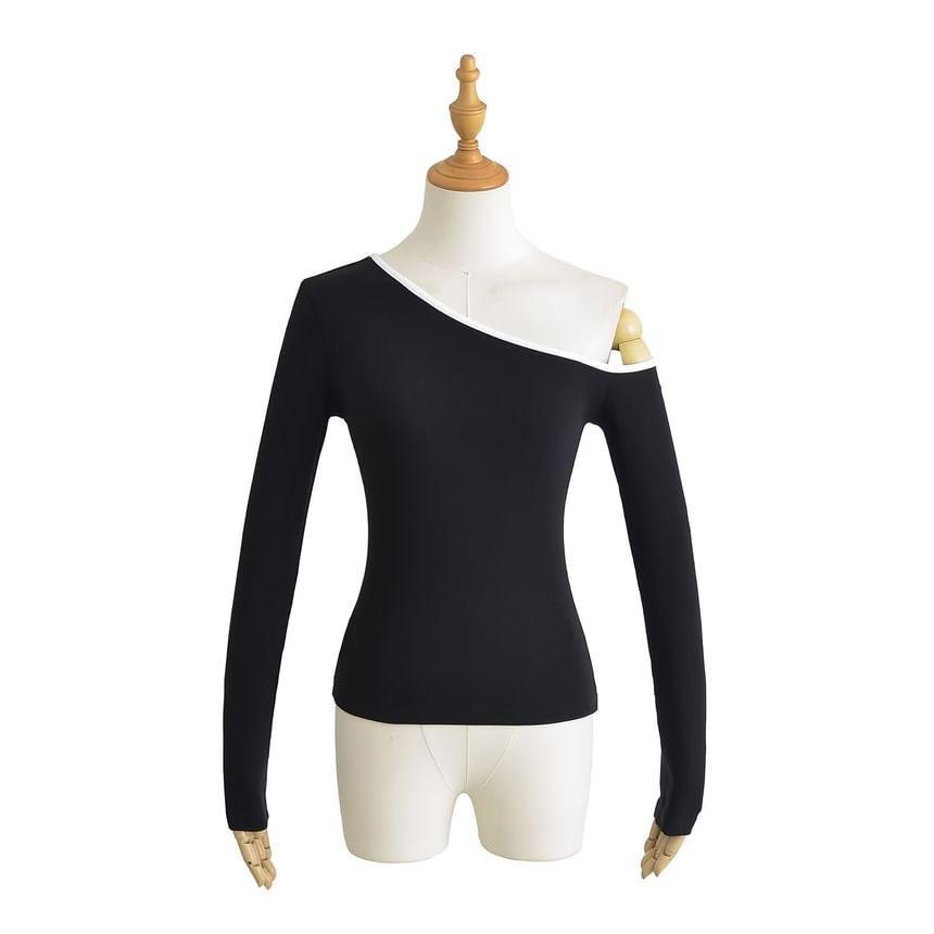 One-Shoulder Long-Sleeve Contrast Trim Tee Product Image