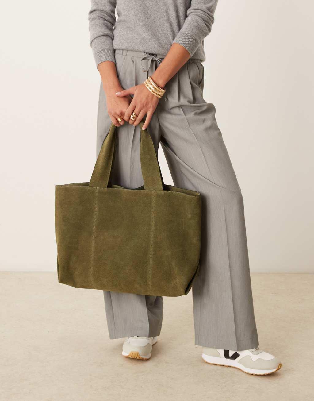 ASOS DESIGN suede boxy tote bag in green Product Image