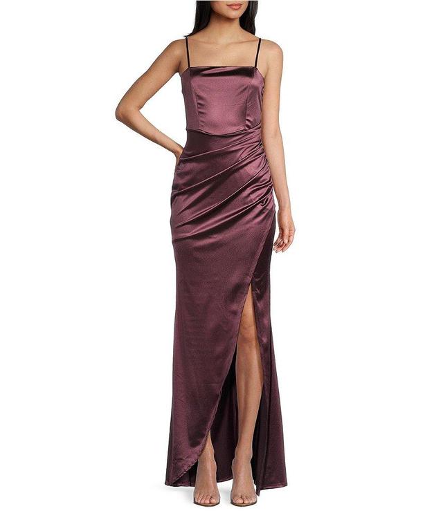 Honey and Rosie Spaghetti-Strap Square-Neck Faux-Wrap Slit Hem Stretch Satin Long Dress Product Image